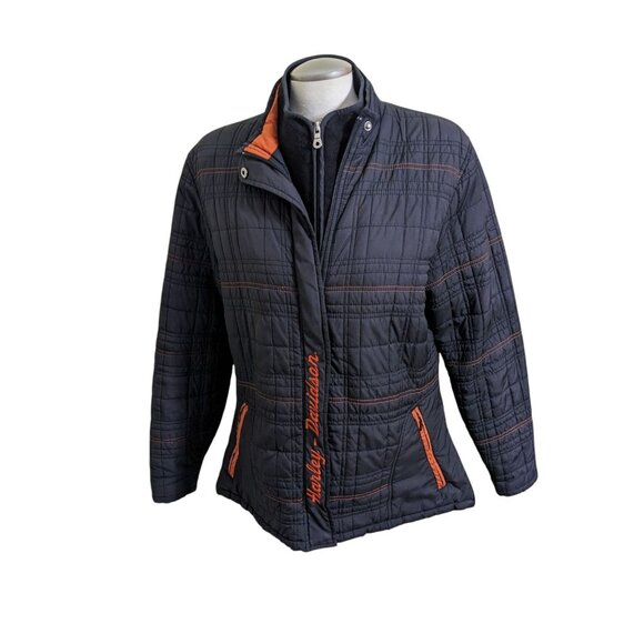 Womens Harley Davidson Black Orange Bar and Shield Soft Padded Jacket Size XL - Picture 1 of 11